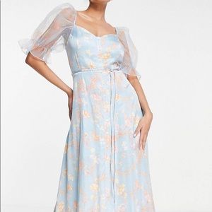 Blue satin button up midi dress with puff sleeves